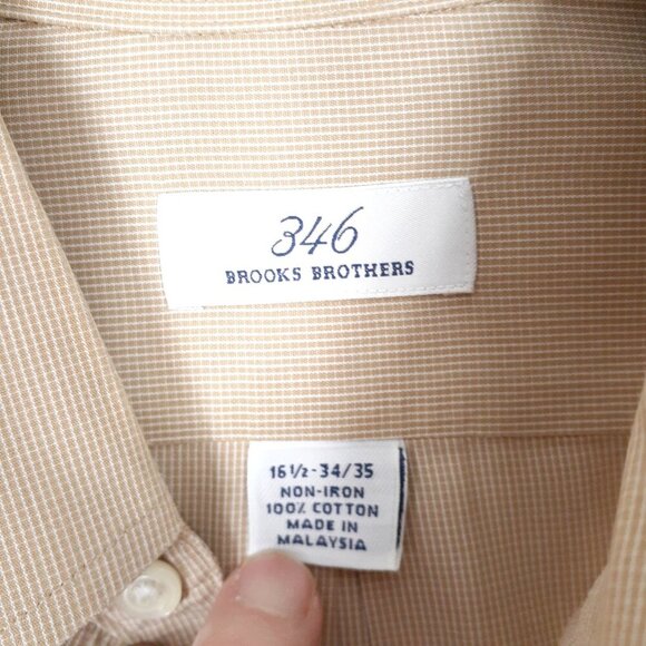 Brooks Brothers 346 Mens Button Down Shirt 16 1/2 Long Sleeve Beige Check 393 - Picture 3 of 4